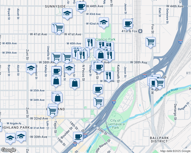 map of restaurants, bars, coffee shops, grocery stores, and more near 3659 Navajo Street in Denver