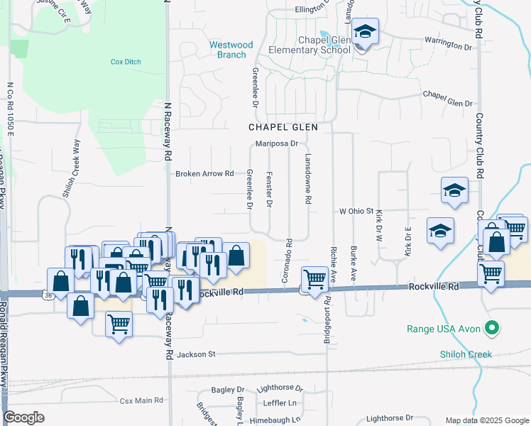 map of restaurants, bars, coffee shops, grocery stores, and more near 202 Fenster Drive in Indianapolis