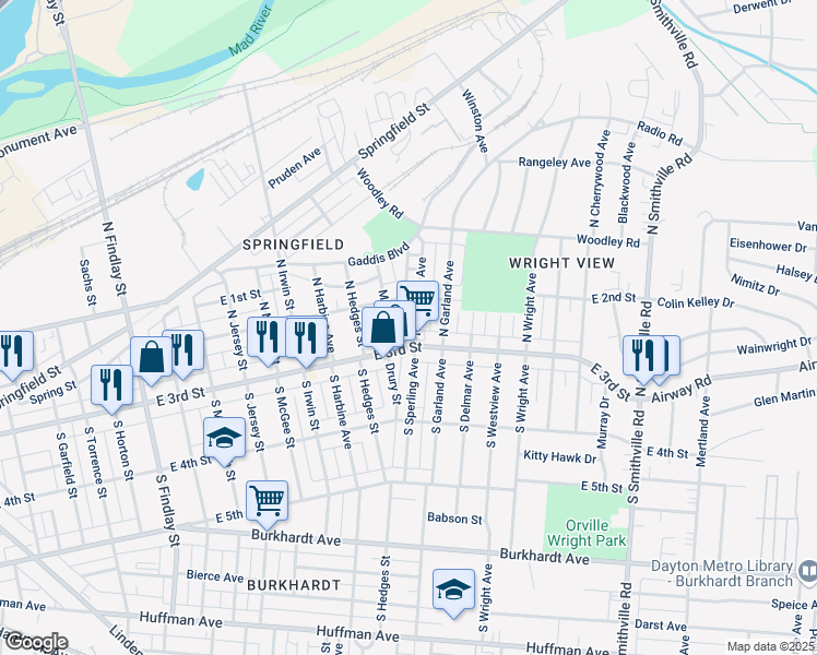 map of restaurants, bars, coffee shops, grocery stores, and more near 17 North Sperling Avenue in Dayton