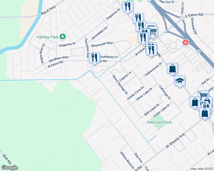 map of restaurants, bars, coffee shops, grocery stores, and more near 441 Royal Glen Lane in Chico