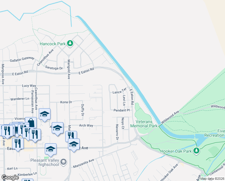 map of restaurants, bars, coffee shops, grocery stores, and more near 1638 Lance Terrace in Chico