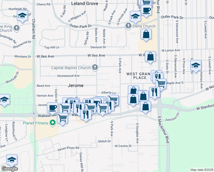 map of restaurants, bars, coffee shops, grocery stores, and more near 14 Barbara Court in Jerome