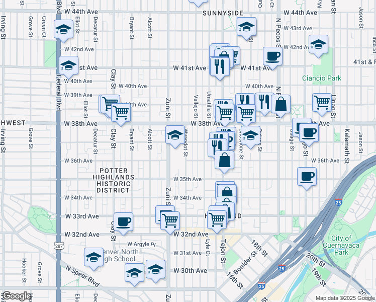 map of restaurants, bars, coffee shops, grocery stores, and more near 3632 Wyandot Street in Denver
