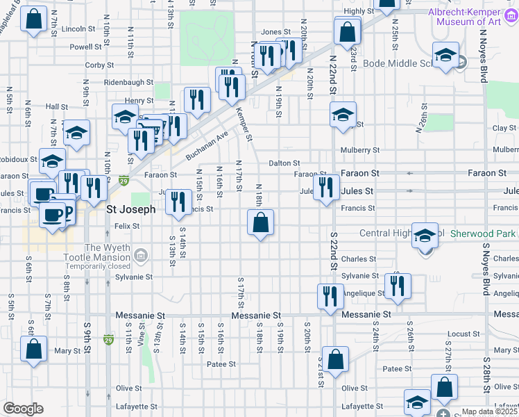 map of restaurants, bars, coffee shops, grocery stores, and more near Francis Street in Saint Joseph