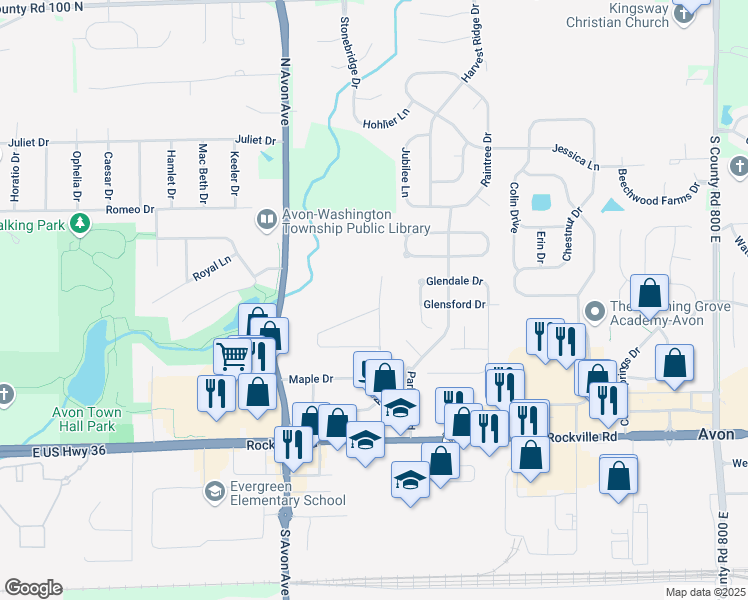 map of restaurants, bars, coffee shops, grocery stores, and more near 353 Avon Parkway in Avon