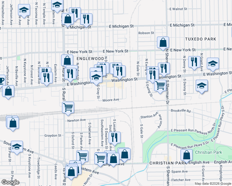 map of restaurants, bars, coffee shops, grocery stores, and more near 27 South Lasalle Street in Indianapolis