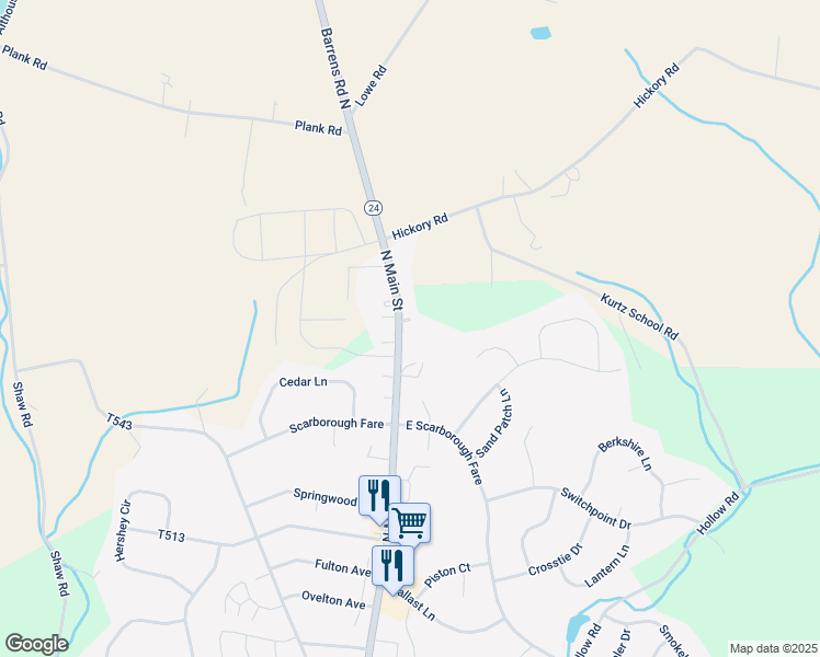 map of restaurants, bars, coffee shops, grocery stores, and more near 17587 Barrens Road North in Stewartstown