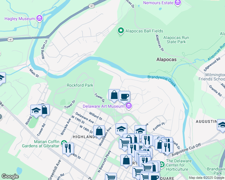 map of restaurants, bars, coffee shops, grocery stores, and more near 7 Rockford Road in Wilmington