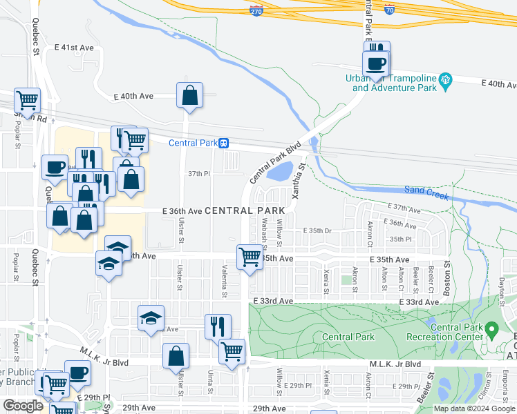 map of restaurants, bars, coffee shops, grocery stores, and more near 3684 Wabash Street in Denver