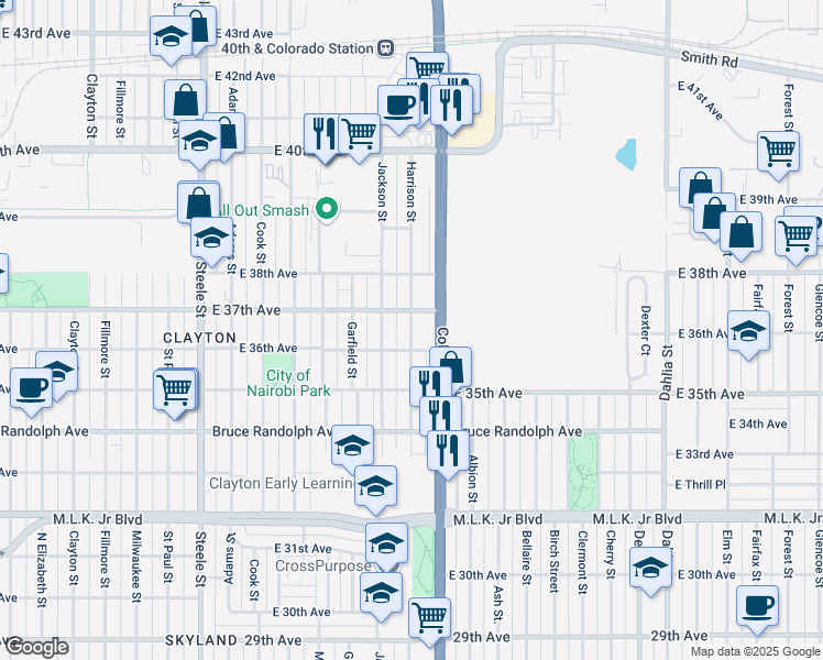 map of restaurants, bars, coffee shops, grocery stores, and more near 3656 Harrison Street in Denver