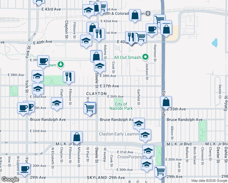 map of restaurants, bars, coffee shops, grocery stores, and more near 3650 Cook Street in Denver