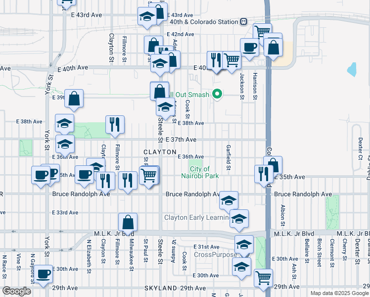 map of restaurants, bars, coffee shops, grocery stores, and more near 3650 Cook Street in Denver