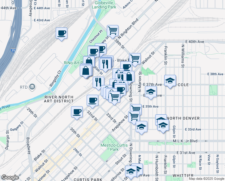 map of restaurants, bars, coffee shops, grocery stores, and more near in Denver