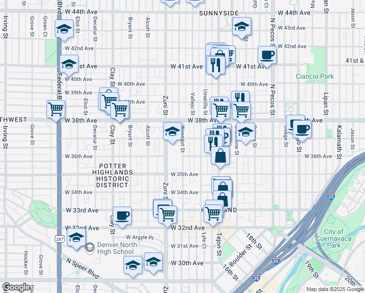 map of restaurants, bars, coffee shops, grocery stores, and more near 2325 West 37th Avenue in Denver