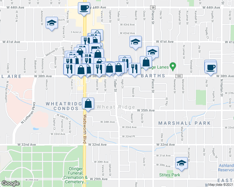 map of restaurants, bars, coffee shops, grocery stores, and more near 3651 High Court in Wheat Ridge