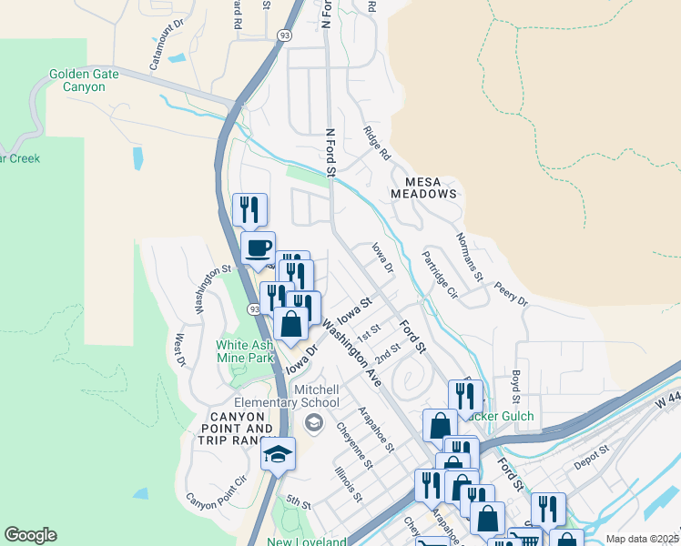 map of restaurants, bars, coffee shops, grocery stores, and more near 401 North Columbine Street in Golden