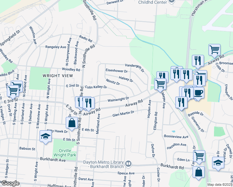 map of restaurants, bars, coffee shops, grocery stores, and more near 34 Colin Kelly Drive in Dayton