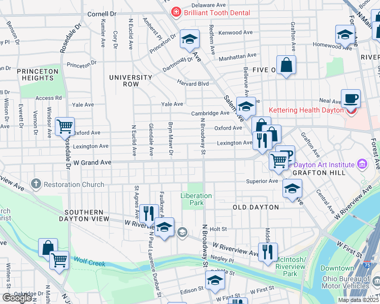map of restaurants, bars, coffee shops, grocery stores, and more near 222 Lexington Avenue in Dayton