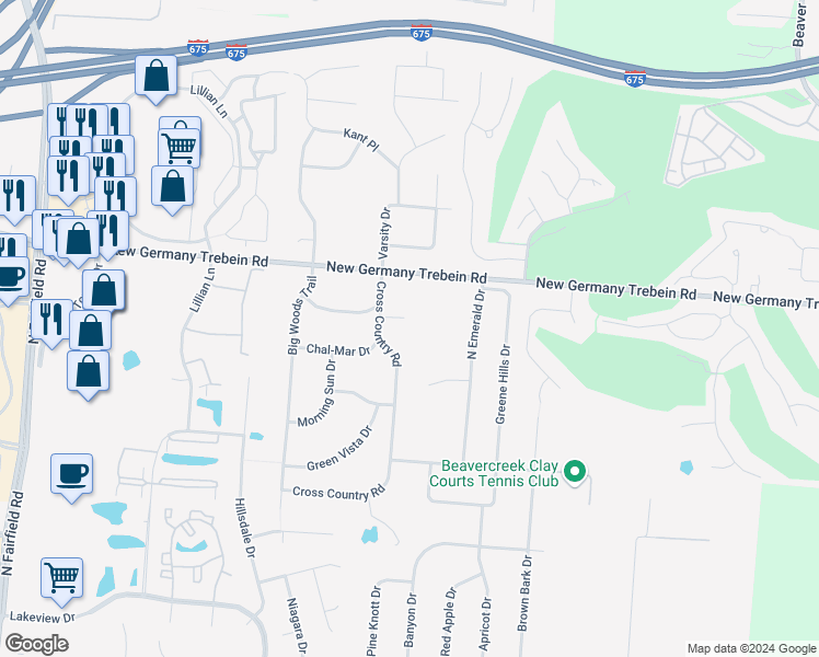 map of restaurants, bars, coffee shops, grocery stores, and more near 2861 Cove Circle in Beavercreek