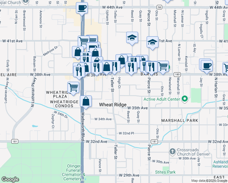 map of restaurants, bars, coffee shops, grocery stores, and more near 3651 High Court in Wheat Ridge
