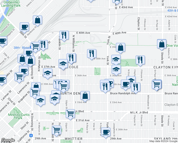 map of restaurants, bars, coffee shops, grocery stores, and more near 3640 Race Street in Denver