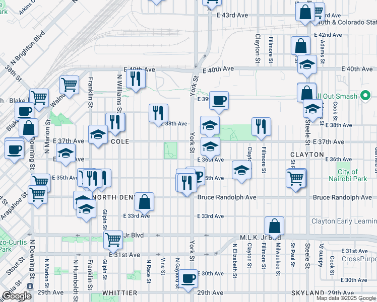 map of restaurants, bars, coffee shops, grocery stores, and more near 3644 York Street in Denver