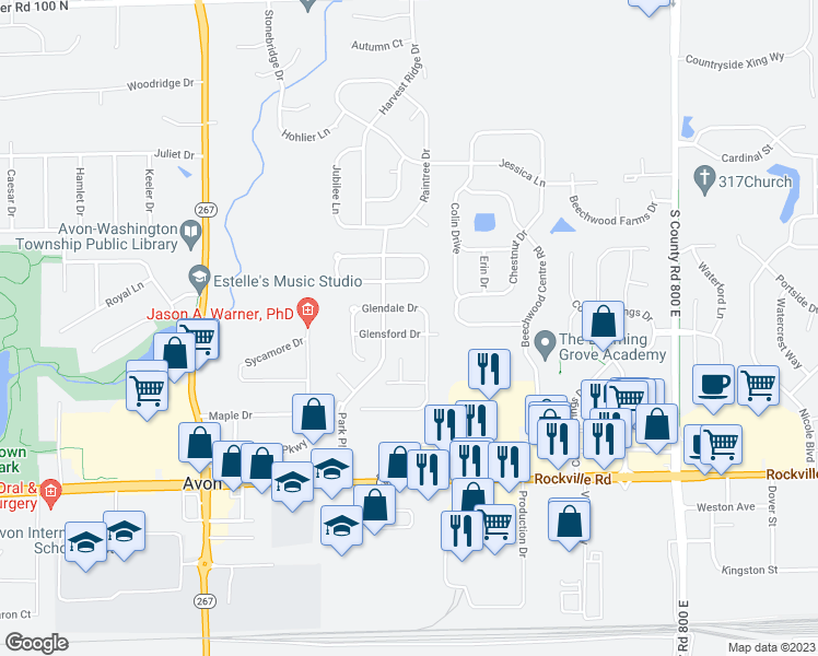 map of restaurants, bars, coffee shops, grocery stores, and more near 7436 Glensford Drive in Avon