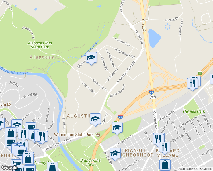 map of restaurants, bars, coffee shops, grocery stores, and more near 102 School Road in Wilmington