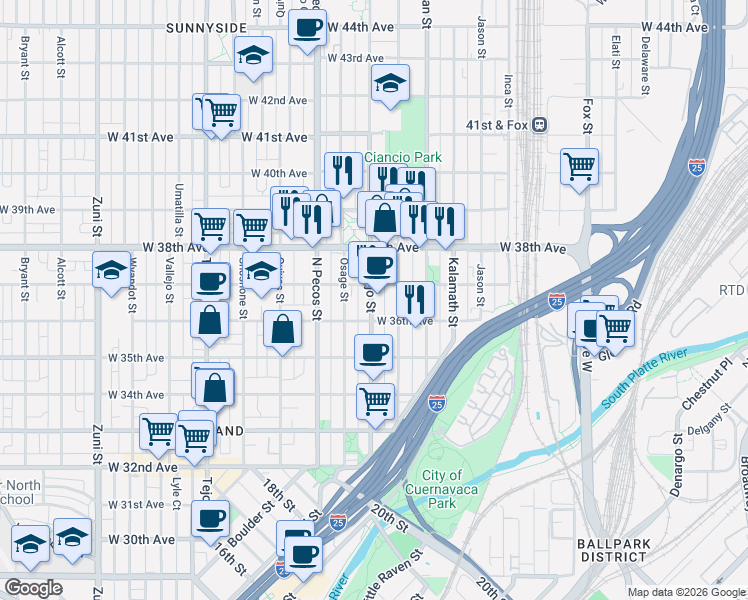 map of restaurants, bars, coffee shops, grocery stores, and more near 3636 Navajo Street in Denver