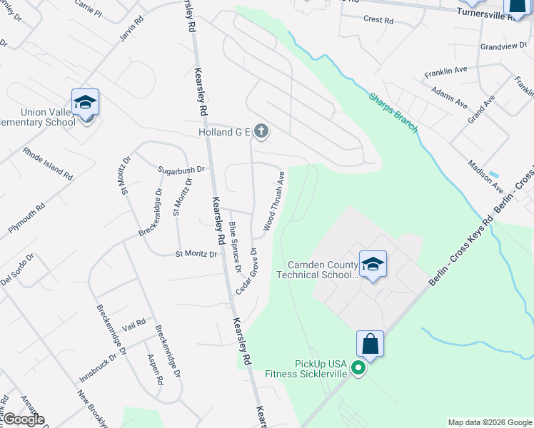 map of restaurants, bars, coffee shops, grocery stores, and more near 14 Wood Thrush Avenue in Gloucester Township