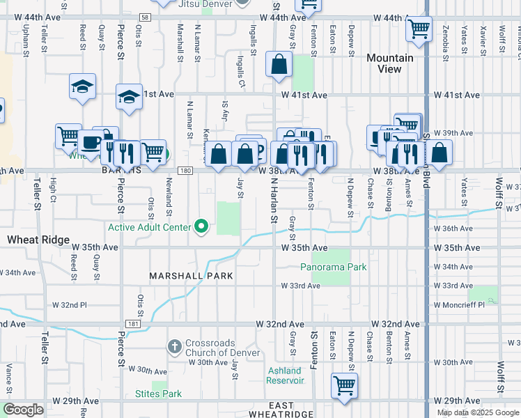 map of restaurants, bars, coffee shops, grocery stores, and more near 3715 North Harlan Street in Wheat Ridge