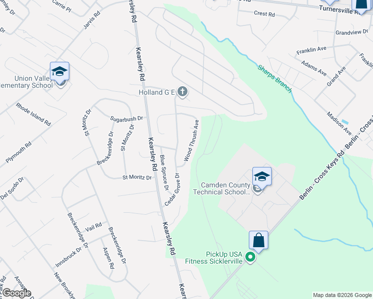 map of restaurants, bars, coffee shops, grocery stores, and more near 14 Wood Thrush Avenue in Gloucester Township