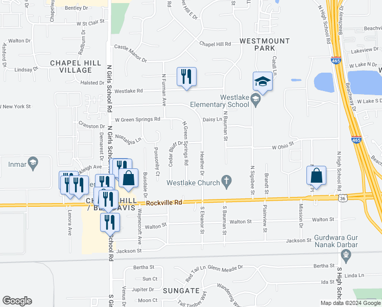 map of restaurants, bars, coffee shops, grocery stores, and more near 153 North Green Springs Road in Indianapolis