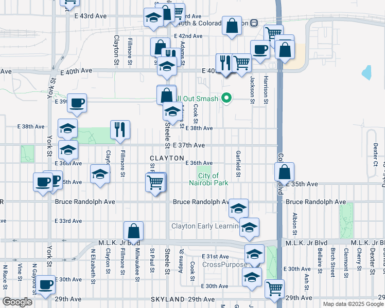 map of restaurants, bars, coffee shops, grocery stores, and more near 3650 Cook Street in Denver