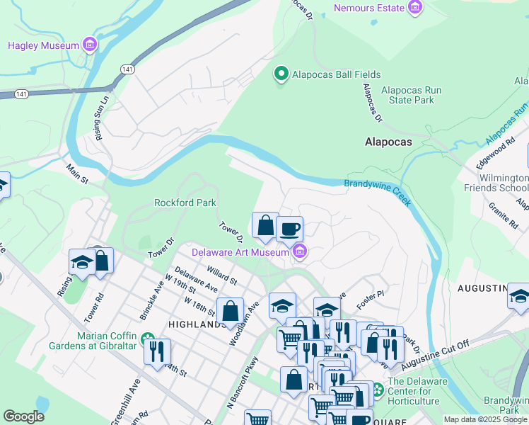 map of restaurants, bars, coffee shops, grocery stores, and more near 7 Rockford Road in Wilmington