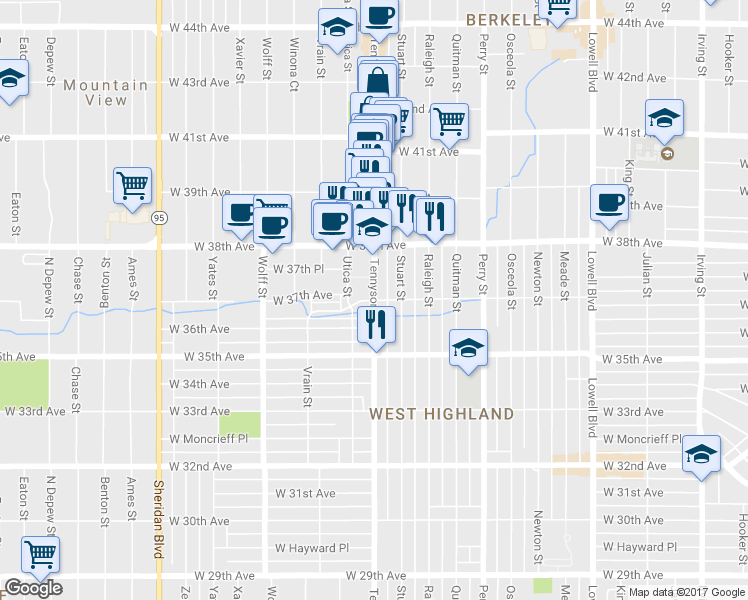 map of restaurants, bars, coffee shops, grocery stores, and more near Tennyson Street & West 37th Avenue in Denver