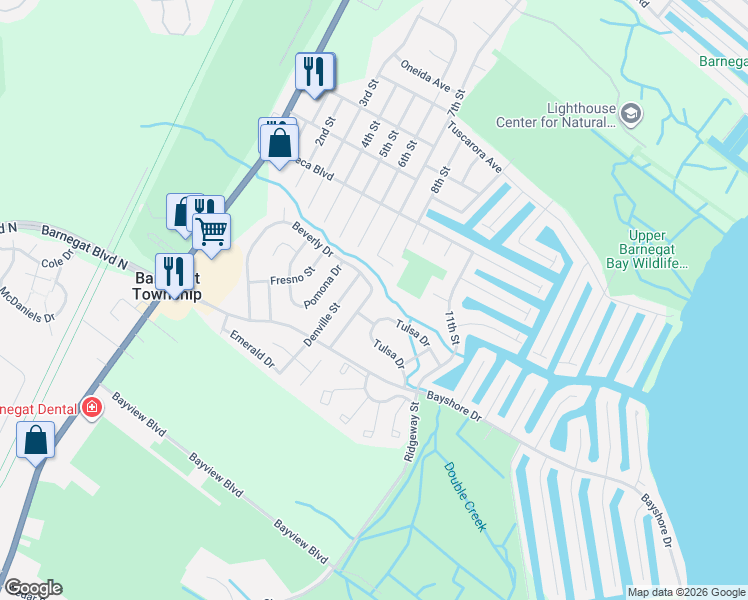 map of restaurants, bars, coffee shops, grocery stores, and more near 174 Beverly Drive in Barnegat Township
