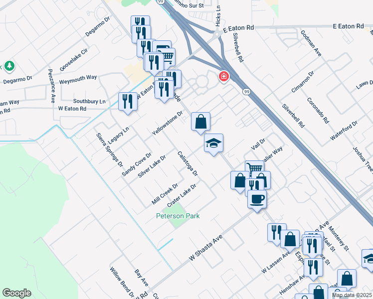 map of restaurants, bars, coffee shops, grocery stores, and more near 3171 Eagle Lake Court in Chico