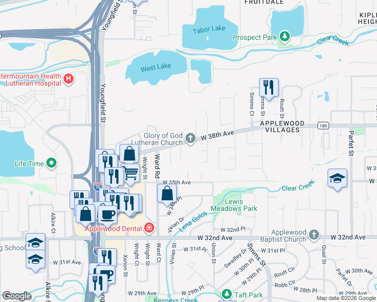 map of restaurants, bars, coffee shops, grocery stores, and more near 12200 West 38th Avenue in Wheat Ridge