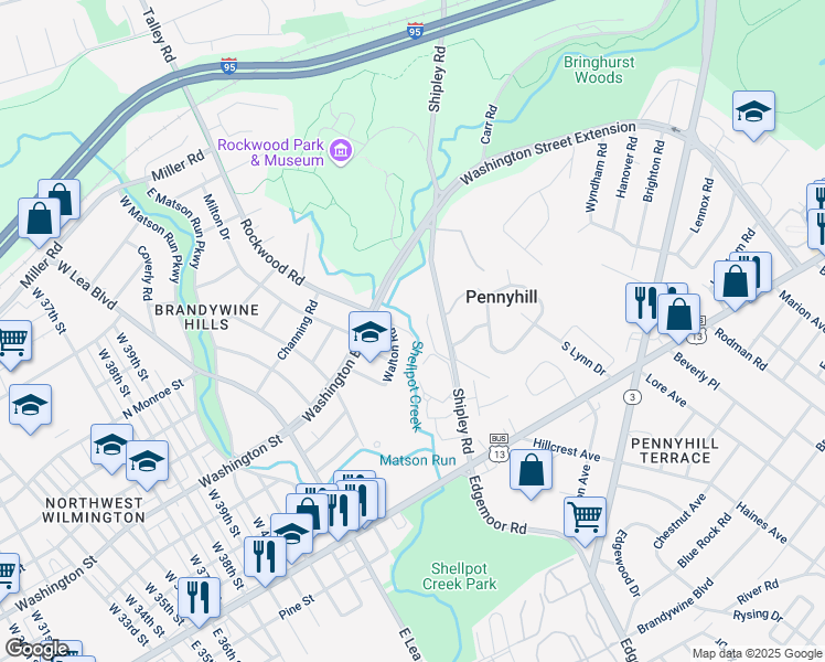 map of restaurants, bars, coffee shops, grocery stores, and more near 410 Shipley Road in Wilmington