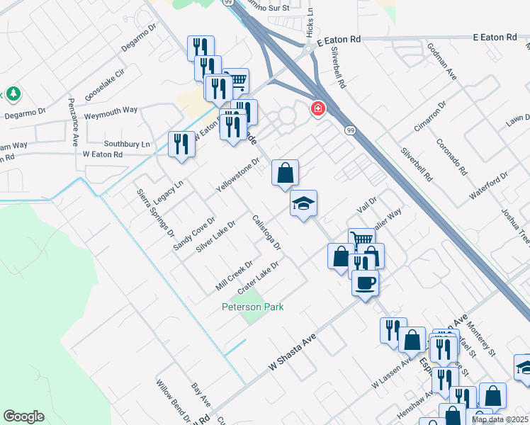 map of restaurants, bars, coffee shops, grocery stores, and more near 3171 Eagle Lake Court in Chico