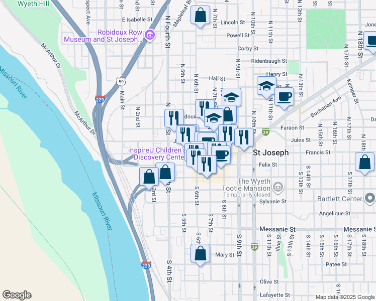 map of restaurants, bars, coffee shops, grocery stores, and more near 215 North 5th Street in Wathena