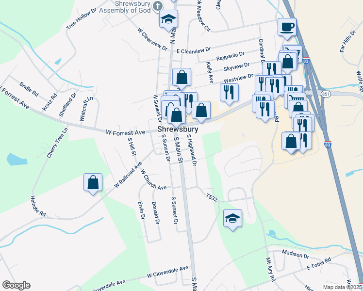 map of restaurants, bars, coffee shops, grocery stores, and more near 39 South Main Street in Shrewsbury