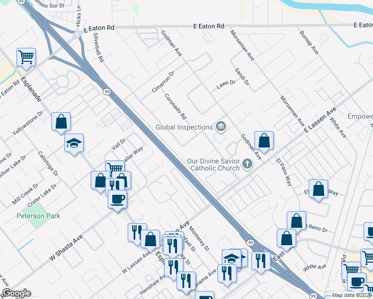 map of restaurants, bars, coffee shops, grocery stores, and more near 455 Waterford Drive in Chico
