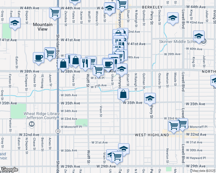 map of restaurants, bars, coffee shops, grocery stores, and more near 4655 West 37th Place in Denver