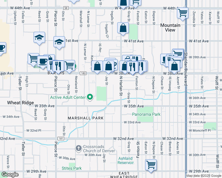 map of restaurants, bars, coffee shops, grocery stores, and more near 3718 Jay Street in Wheat Ridge