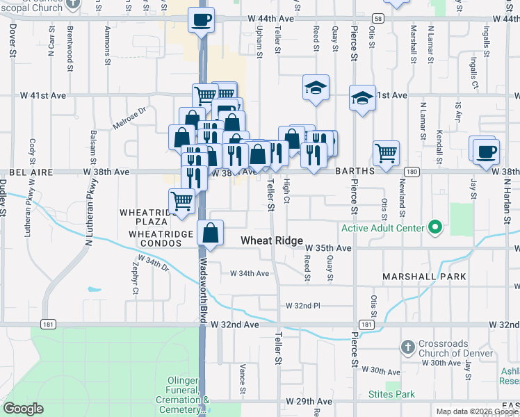 map of restaurants, bars, coffee shops, grocery stores, and more near 3659 Teller Street in Wheat Ridge