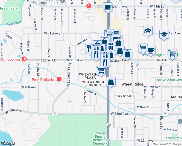 map of restaurants, bars, coffee shops, grocery stores, and more near 7770 West 38th Avenue in Wheat Ridge