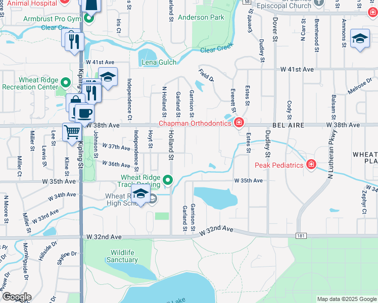 map of restaurants, bars, coffee shops, grocery stores, and more near 3720 Garland Street in Wheat Ridge