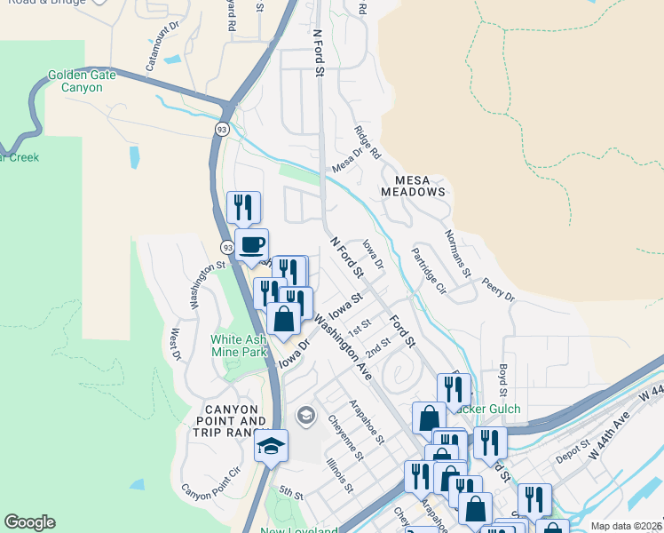map of restaurants, bars, coffee shops, grocery stores, and more near 401 North Columbine Street in Golden